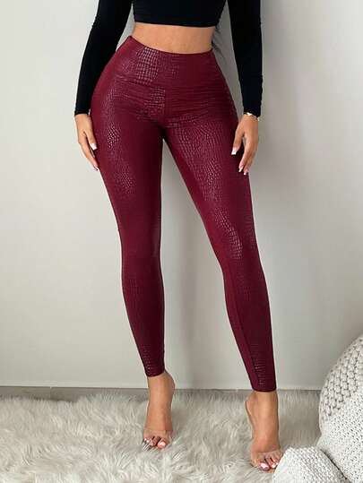 SHEIN SXY 酒红色动物纹高腰紧身打底裤