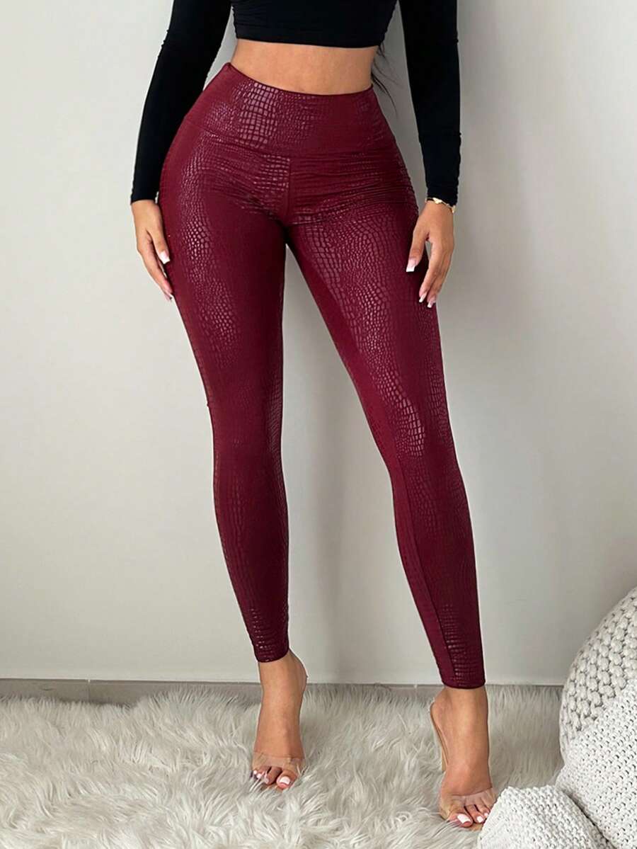 SHEIN SXY Quần bó cạp cao họa tiết động vật màu đỏ tía - Màu Đỏ Sâu - Xem 1