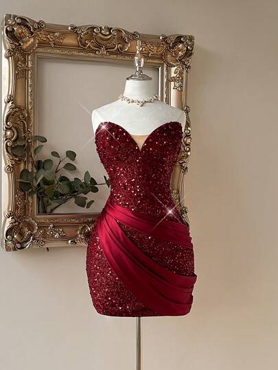 Lovelzi Elegant Wine Red Sequin Fabric Satin Patchwork Strapless Dress,Fashionable Cocktail Party Wedding Birthday Music Festival Afternoon Tea Dress