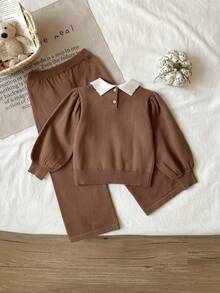 SHEIN 女童撞色领毛衣和针织裤套装 - 卡其色 - 查看 2