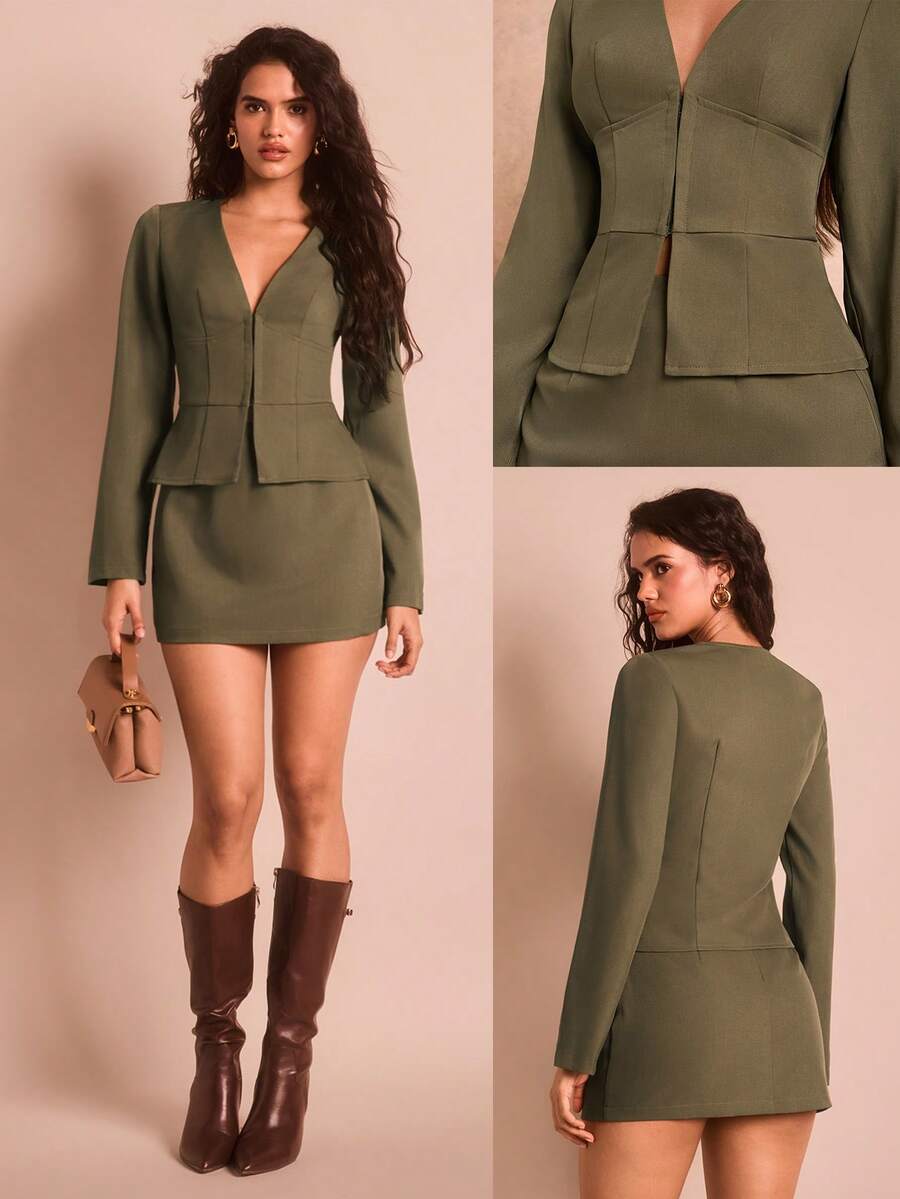 SHEIN Glamour 女士优雅性感办公室女士深 V 领长袖上衣、迷你裙、套装，适合职业女性装、商务装、秋冬分层穿着 - 軍綠色 - 查看 1