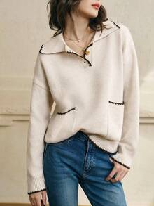 Cévolie Women's Casual Contrast Trim Button Half-Placket Dual Pocket Knit Sweater, Autumn/Winter
