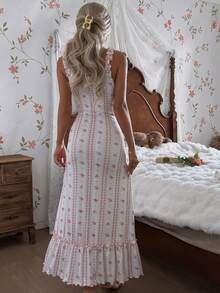 CottageSlumber قميص نوم نسائي بحمالات مطوية مزخرف بالزهور - أبيض - مشاهدة 2