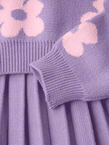 SHEIN 少女甜美百搭圆领蓝色毛衣搭配碎花百褶裙，适合居家、外出、派对、返校等场合。少女紫色毛衣裙，少女长袖粉彩半身裙，少女毛衣裙，少女印花半身裙，少女淡紫色针织半身裙。 - 紫色 - 查看 6