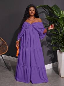 Slaydiva Plus Size Women V-Neck Loose Flowy Dress, Suitable For Beach, Vacation, Casual Wear - Purple - View 4
