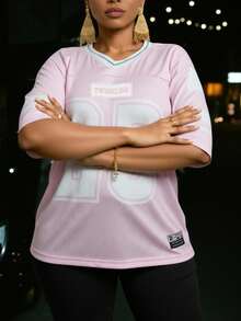 Slaydiva New Spring/Summer Casual Street Sports Competition Design Contrast Color Stripe Numeric Letter Slogan Logo All-Over Print Plus Size Women T-Shirt - Pink - View 5