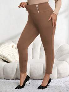 EMERY ROSE Pantalones elásticos entallados de doble botonadura de talla grande, Leggings suaves - Marrón - Ver 5