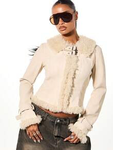 SUMWON WOMEN Faux Suede Sherpa Lined Cropped Jacket With Buckle Details Winter Outerwear - Apricot - View 1