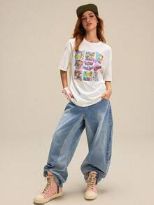 Nick 90s | SHEIN Women's Cartoon Figure Graphic Casual Round Neck Short Sleeve T-Shirt - White - View 3