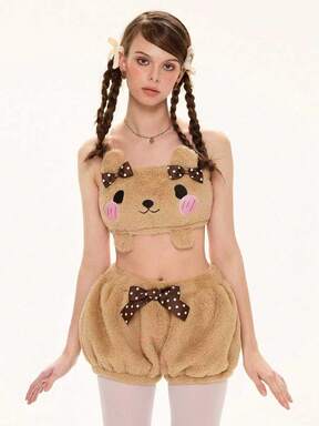 Kawaii Women Cute Cartoon Embroidered 3D Ear Decor Cropped Camisole And Shorts Fluffy 2 Pieces Set