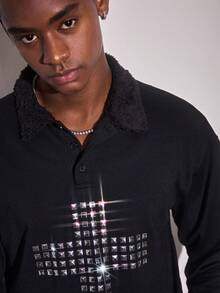 ROMWE MEN Goth Men's Cross Pattern Long Sleeve Casual Polo Shirt - Black - View 2