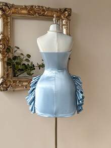 Lovelzi Elegant & Luxurious Gray-Blue Elastic Shiny Ruffle Decor Peplum Bodycon Mini Party Dress