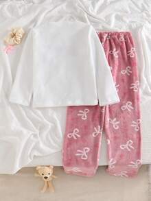 Tween Girls Pajamas Set, Flannel Butterfly & Heart Print Sleepwear, Embroidered Bow Crew Neck Long Sleeve Top Paired With All-Over Butterfly Print Pants, Soft & Cozy, Cloud-Like Comfort, Great For Christmas, Valentine's Day, Birthday, Best Friend Gifts - White - View 2