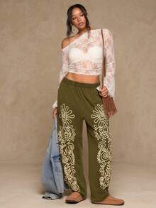 Freevana Pantalones largos informales de talla grande para mujer con estampado de copos de nieve y girasoles - Verde militar - Ver 5