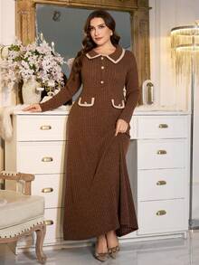 Modelyn Vestido elegante y generoso de talla grande con parches de punto acanalado, adorno de cinta y botones, de estilo primaveral y otoñal - Marrón - Ver 5