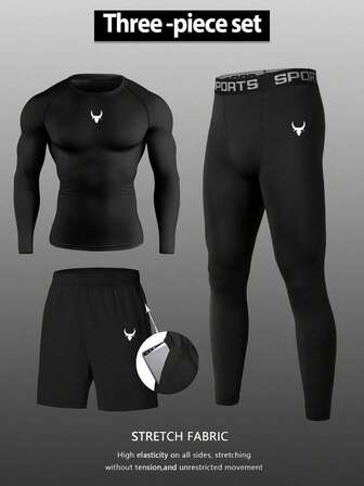 Manfinity Sport Corelite Men's Bull Print Raglan Long Sleeve T-Shirt, Shorts And Leggings Sports Suit