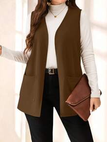 SHEIN PETITE CURVE Plus Size Solid Color Sleeveless Loose Pocket Simple Casual Coat,Spring/Summer,Vacation In Fall/Winter - Brown - View 4