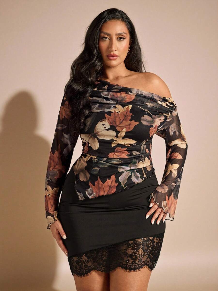 SHEIN BAE 大码女式树叶印花长袖上衣,秋冬季,适合圣诞节、新年、感恩节、派对、毕业典礼等场合,优雅派对上衣 - 彩色 - 查看 1