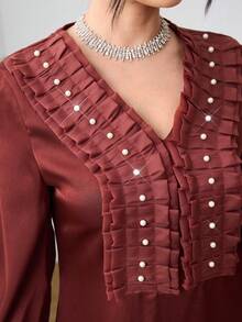 SHEIN Najma V领褶皱荷叶边长袖连衣裙，土耳其和阿拉伯传统风格 - 鏽棕色 - 查看 7