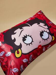 Betty Boop x SHEIN 2 Pcs Cartoon Figure Graphic Pillowcase Set, Taffeta Fabric, Comfortable & Cool, Cherry Blossom Print Red Pillow Cover, Smooth & Non-Wrinkle, Gentle On Hair & Skin, Cherry Pattern,Gift Ideas,Party,Holiday,Valentine's Day - Red - View 5