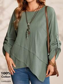 EMERY ROSE Áo blouse xanh lá cây trơn cổ tròn tay dài dáng rộng cỡ lớn cho nữ mặc vào mùa thu/đông, thường ngày khi đi nghỉ, đi chơi, mẫu mới 2025, đơn giản và thời trang để mặc hàng ngày, mùa đông, giáng sinh, năm mới, mùa đông, lễ tạ ơn, thoải mái và thoáng khí - màu xanh lá - Xem 7