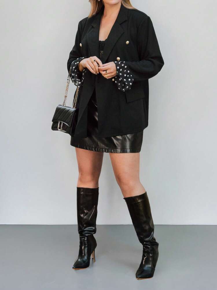 Plus Size Women Lapel NeckMetal Double-Breasted Polka Dot Patchwork Flare Sleeve Blazer Jacket