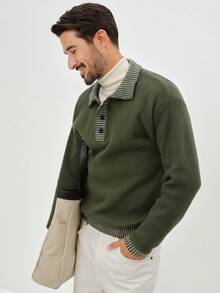 EGENSIO Men's Striped Polo Neck Long Sleeve Casual Sweater, Autumn/Winter Men Buttoned Knitted Polo Mens Clothing - Army Green - View 6