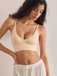 Ocili 1pc Seamless Wireless Soft Minimalist Neutral Colored Bralette, Comfortable And Simple For Summer Holiday - Apricot - View 2