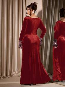 Cravure Plus Size Women's Elegant Beaded Long Sleeve Slit Black Velvet Party Dress - Burgundy - View 2