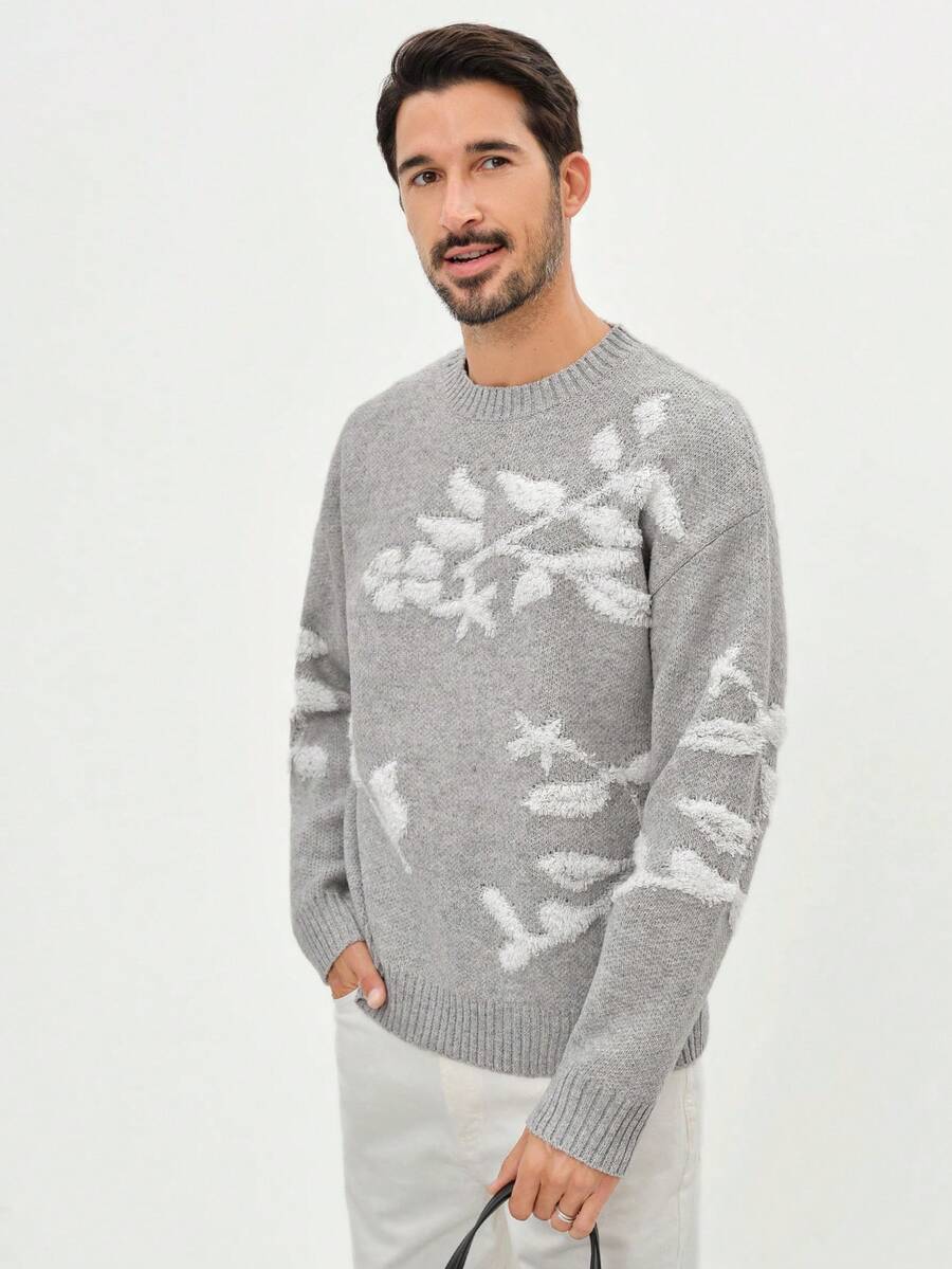 Manfinity CityGents 男士花卉图案休闲百搭圆领长袖套头卫衣 - 灰色 - 查看 1