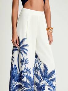 CAJUNI x Carol Peixinho Pantaloni larghi ed eleganti a vita alta con stampa di palme per donne - Beige - Visualizzare 5