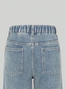 SHEIN Explorewe Tween GirlsGrey Fashionable Casual Rhinestone Embellished Loose Wide-Leg Washed Denim Jeans - Blue - View 5