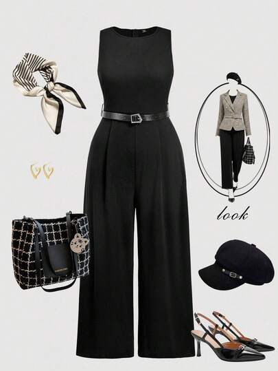 SHEIN MOD Plus Size Women's Black Retro 70s Jumpsuit With Free Belt - Vintage Style, Commuter Wear, Collegiate Style, Casual, Western, Office, And Airport Attire