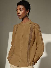 Aveloria Modichic Women's Solid Color Contrast Lace Long Sleeve Single-Breasted Elegant Blouse - Yellow - View 3