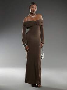 Normani Women's Elegant Off-Shoulder Solid Color Dress, Suitable For Party - Coffee - View 3