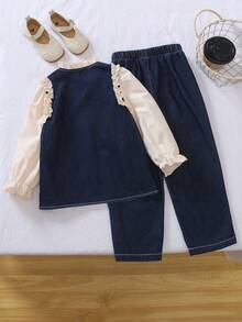 Genkimix Kids 2pcs/Set Young Girls Cute Denim Look Long Sleeve Top With Ruffle Decor & Loose Fit Denim Pants Set, 2 In 1 Design, Comfortable & Versatile For Daily Wear, Vacation, Outing, School, Party