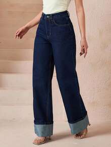 EURMUSE Plus Size Women High Waist Pockets Wide Leg Loose Casual Jeans - Dark Wash - View 4