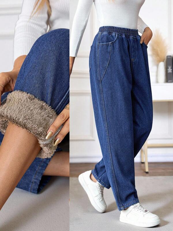 EMERY ROSE Pantaloni a carota ampi da donna, blu scuro, foderati in pile, pantaloni lunghi per autunno e inverno, caldi per uso quotidiano, uscite, Capodanno e Natale.