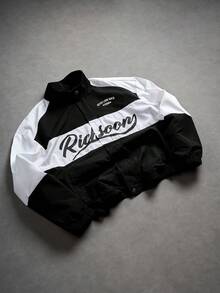 PAVTROS Men's Letter Print Long Sleeve Casual Loose Jacket Custom Jacket Racing Jacket Black And White Jacket Streetwear Jacket Romwe Jacket - Multicolor - View 3