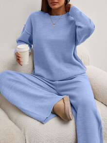 EURMUSE Women Round Neck Rib Knitted Sweater And Sweater Pant 2pcs Sets Co-Ord - Baby Blue - View 2