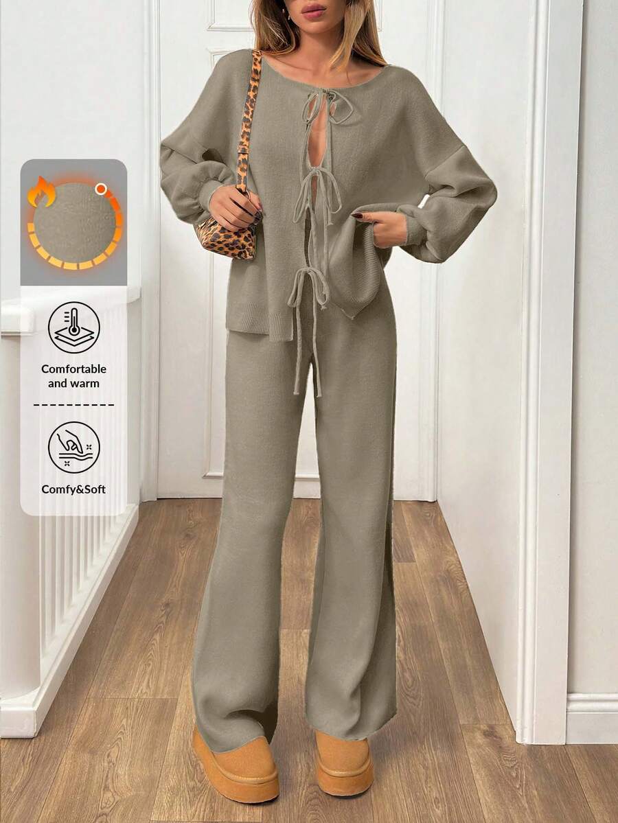 EURMUSE Women's Casual Solid Color Knotted Front Drop Shoulder Loose Sweater And Flare Leg Pants 2 Pieces Set - Mocha Brown - View 1