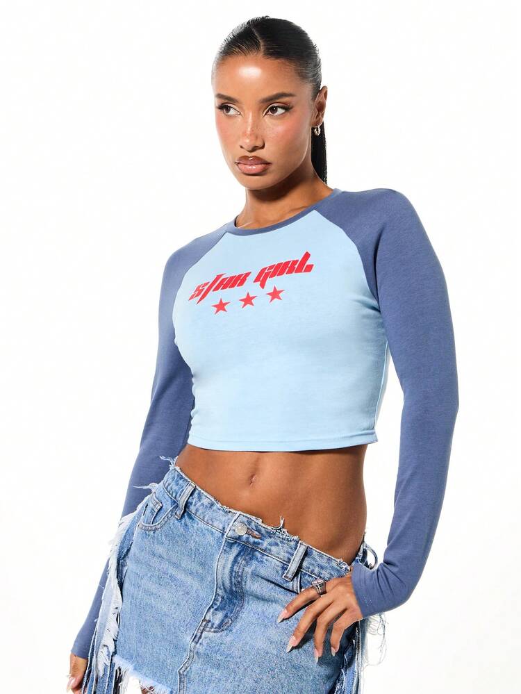 SUMWON WOMEN Camiseta raglan de manga comprida com estampa de estrelas