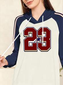 Modelyn 字母印花时尚连帽条纹插肩长袖女式长连衣裙，春秋季 - 彩色 - 查看 3