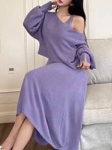 Feyla Bộ 2 váy len dệt kim màu trơn hở vai thanh lịch cho nữ - Màu tím - Xem 4