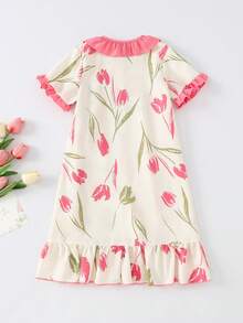 Pyjamas pour jeunes filles - Robe de nuit à imprimé tulipe rose avec col volant, manches courtes, col rond. Vêtement de nuit floral d'été 2026, cadeau indispensable pour les vacances. Confortable, léger et doux, idéal pour le coucher et la détente. - Multicolore - Voir 2