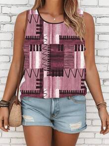 Plus Size Patchwork Print Casual Round Neck Sleeveless Top, Women Graphic T-Shirt For Daily Wear, Going Out, Vacation - Multicolor - View 3