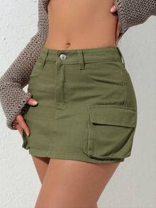 SHEIN PETITE 女士实用口袋休闲修身牛仔迷你裙 - 綠色 - 查看 4