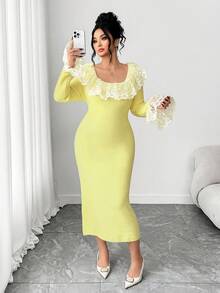 Elenzga Women's Elegant Lace Trim Long Sleeve Loose Fit Flattering Plus Size Sweater Dress, Outerwear, Women's Winter Dress - Yellow - View 4