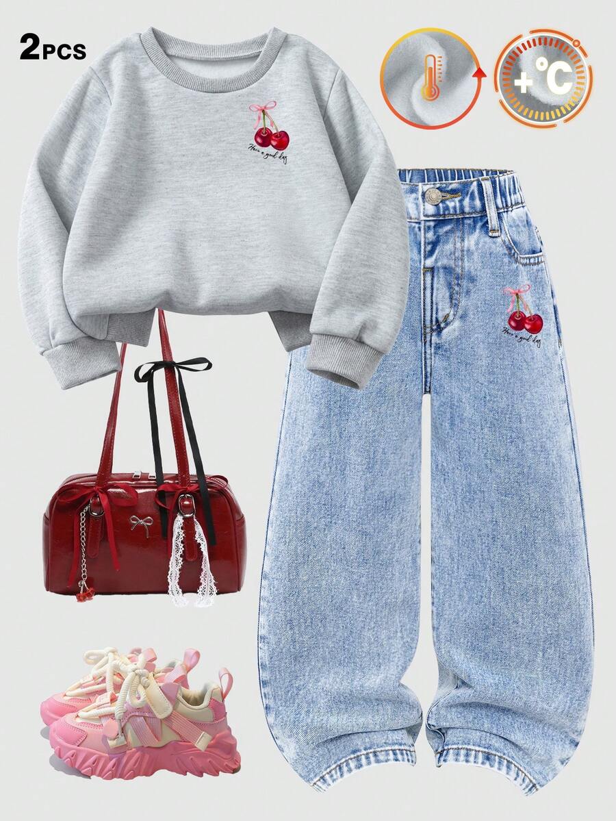 SHEIN ChillGRL 2pcs Young Girls Cherry Sweatshirt & Jeans Outfit Set,Thermal Lined Crew Neck Hoodie,Vintage Washed Blue Denim Shorts,Autumn,Career Day,Back-To-School - Multicolor - View 1
