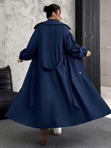 SHEIN EZwear 藏蓝色加大码女式翻领长袖长款风衣，适合秋冬季节、圣诞节、新年、感恩节、派对、婚礼、海滩、毕业典礼、时尚、优雅、休闲、外出、约会、预约、通勤等场合。 - 藏蓝色 - 查看 2